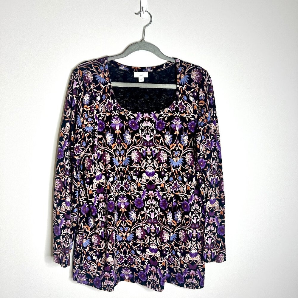 J. Jill Dark Moody Florals Black Purple Long Sleeve Modal Tunic Top Sz Medium